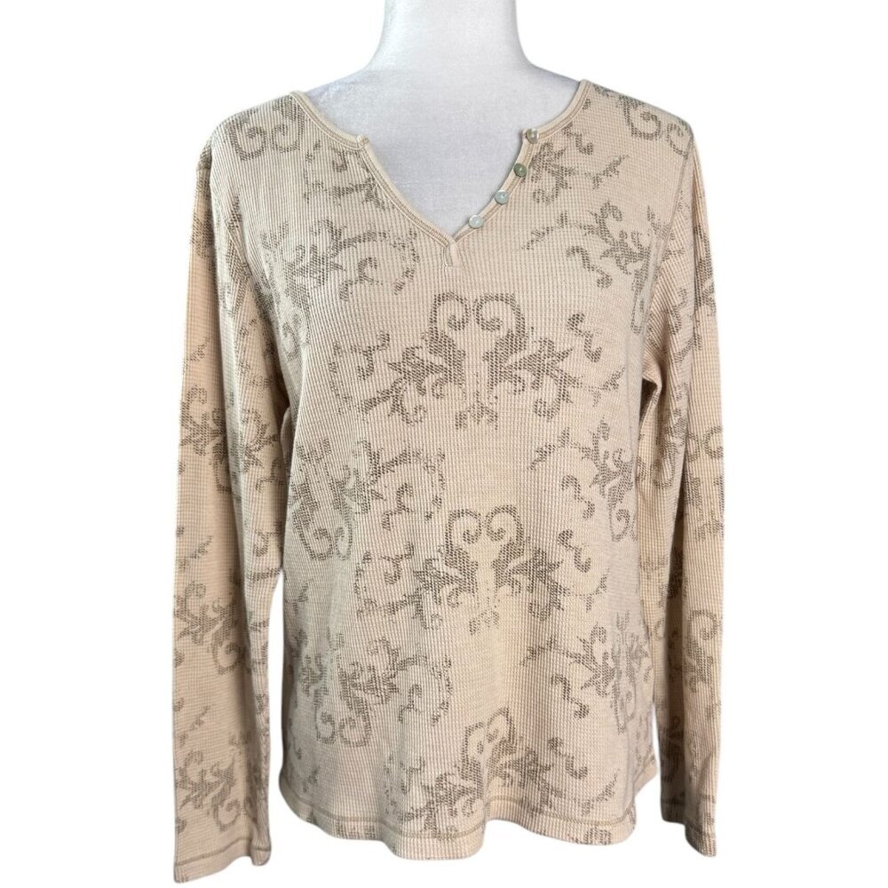 Caribbean Joe Tan Henley Top V Neckline Long Sleeves Women's Size Large